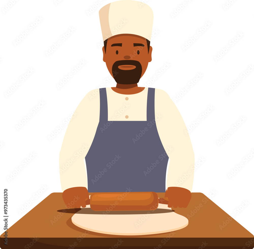 Baker wearing a toque and apron is flattening dough with a rolling pin Baker wearing a toque and apron is flattening dough with a rolling pin