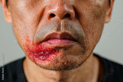 An Asian male patient with squamous cell carcinoma of the tongue. Cancer of the mouth or malignant tumor of the mouth. photo