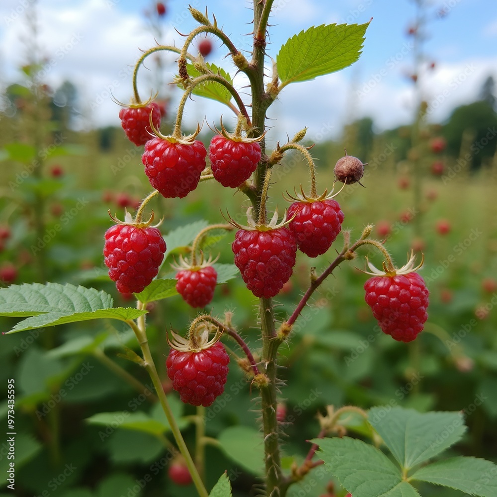 Fresh ripe raspberries on tall canes with lush green leaves set against a clear blue sky Fresh ripe raspberries on tall canes with lush green leaves set against a clear blue sky