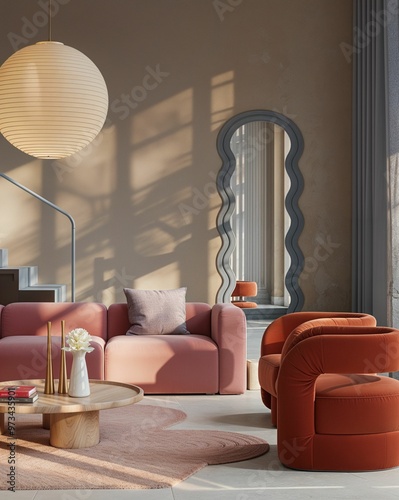 Modern interior of a living room with vivid color sofas and modern decoration..