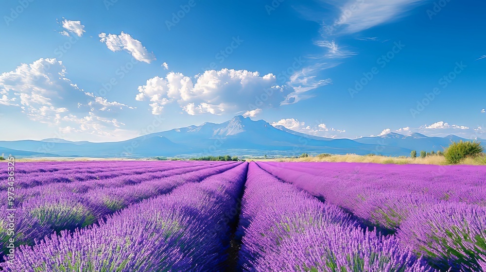 Lavender Field and Mountain Landscape under a Blue Sky Lavender Field and Mountain Landscape under a Blue Sky
