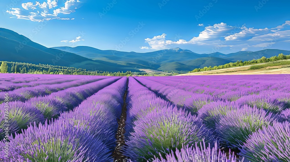 Lavender Field with Mountain View and Blue Sky Lavender Field with Mountain View and Blue Sky