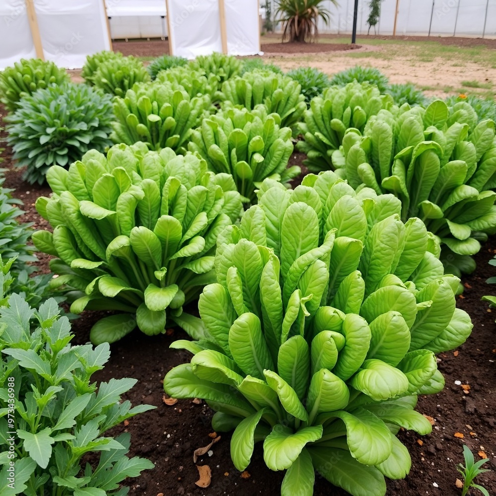Fresh spinach leaves thriving in a colorful garden bed with a greenhouse in the backdrop Fresh spinach leaves thriving in a colorful garden bed with a greenhouse in the backdrop