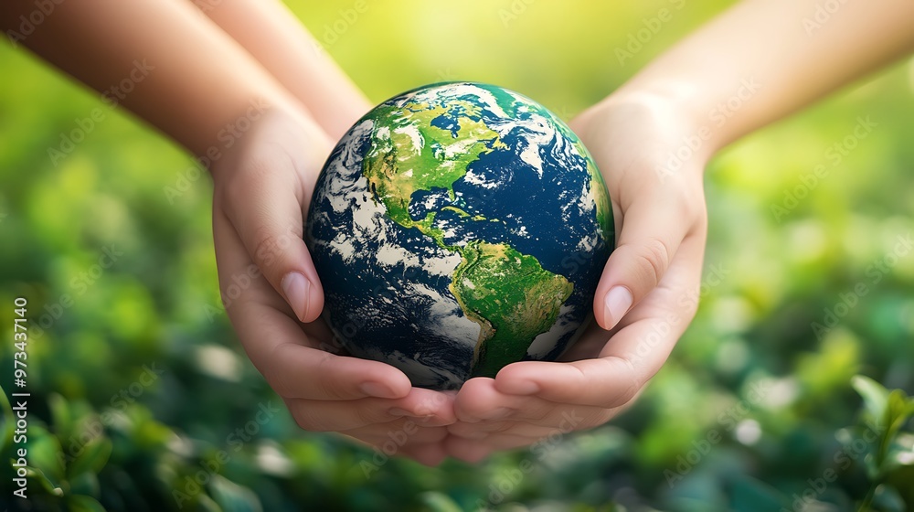Two hands holding a globe of the Earth with a green blurred background Two hands holding a globe of the Earth with a green blurred background