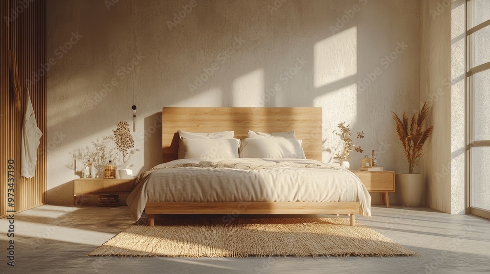 A minimalist bedroom with a queen-size bed made from sustainable wood and a statement headboard, featuring a soft, textured rug made from recycled materials on the floor and a minimalist nightstand