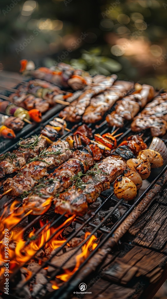 Various skewers loaded with grilled vegetables and juicy meats lie on a barbecue grill, showcasing a vibrant, diverse, and appetizing array of a perfect cookout session. Various skewers loaded with grilled vegetables and juicy meats lie on a barbecue grill, showcasing a vibrant, diverse, and appetizing array of a perfect cookout session.