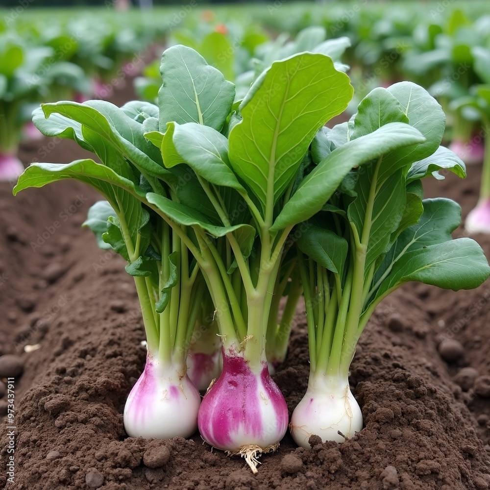 Fototapeta premium Fresh turnips growing in a vibrant vegetable garden