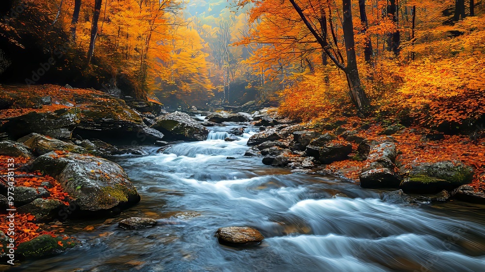 A Serene River Flowing Through Autumnal Forest A Serene River Flowing Through Autumnal Forest