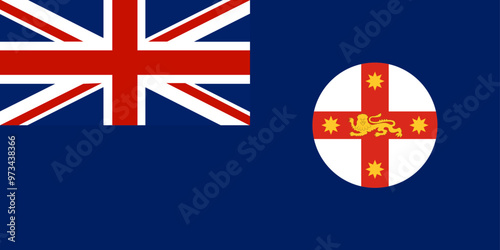 Flag of New South Wales, NSW (Commonwealth of Australia) white disc with the cross of St George, golden lion passant guardant in the centre of the cross, an eight-pointed gold star on each arm