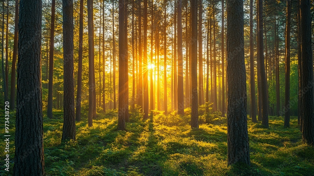 Fototapeta premium Sunbeams Streaming Through a Dense Forest at Sunset