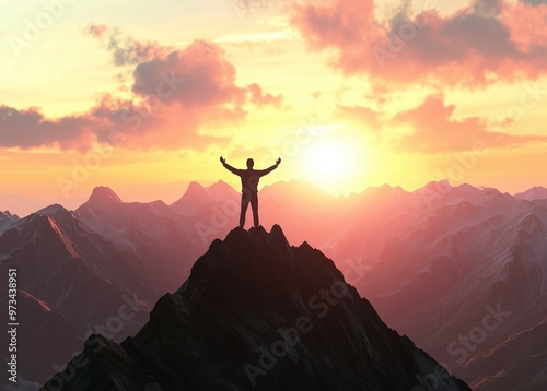 man standing on top of a mountain with his arms raised with a sunrise