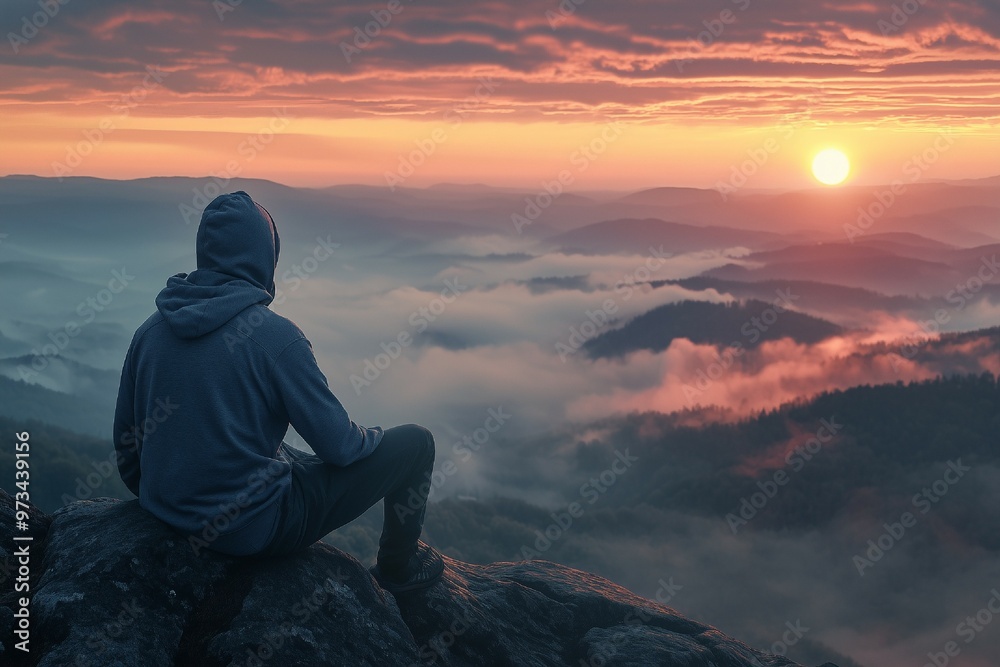 man in a hoodie sits on a mountain top looking on sunset man in a hoodie sits on a mountain top looking on sunset