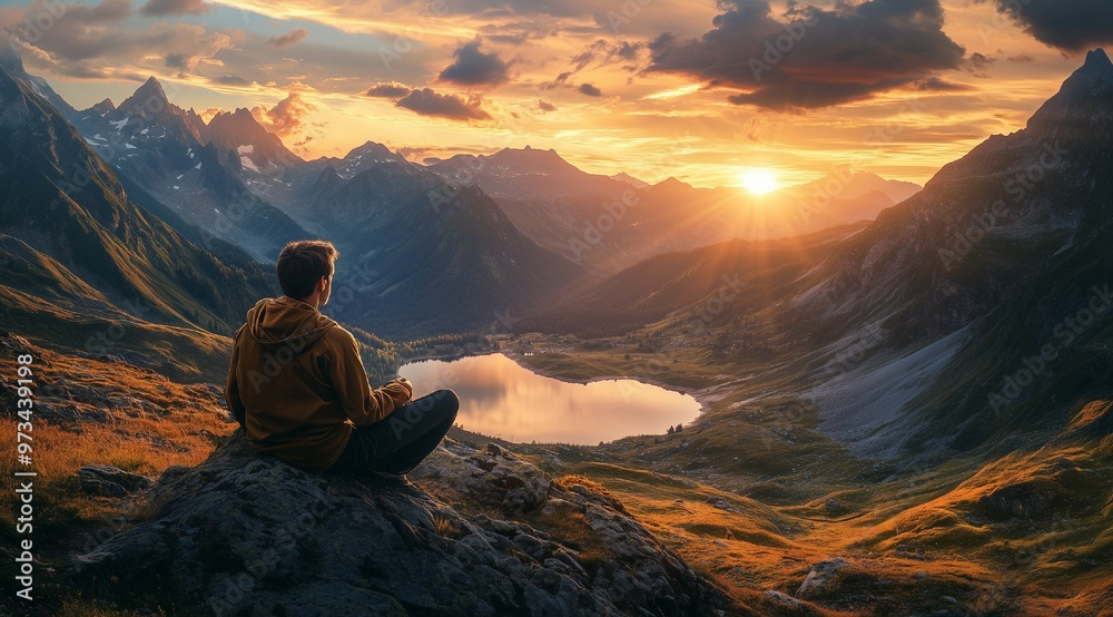 man in a hoodie sits on a mountain top looking on sunset man in a hoodie sits on a mountain top looking on sunset