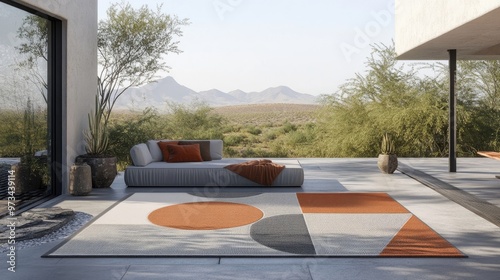 A minimalist outdoor rug with a geometric pattern, adding a touch of style to your outdoor space