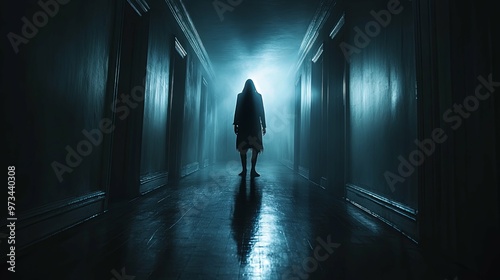 A solitary figure stands in a dimly lit hallway, shrouded in mist.