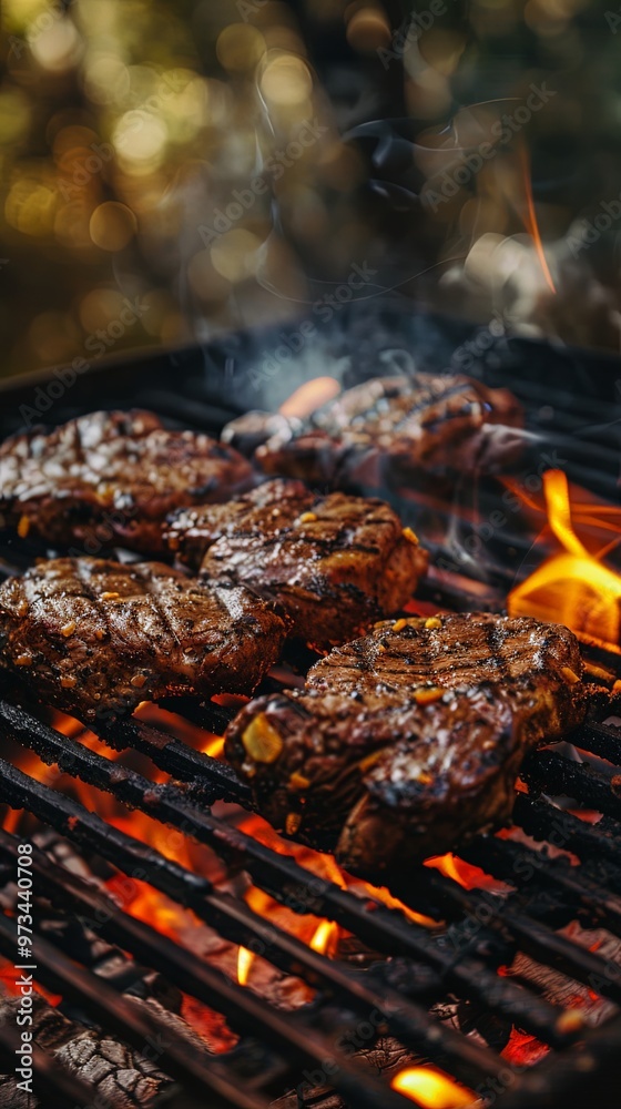 Thick, juicy steaks are seared on the grill over intense flames, with smoke rising, showcasing a perfect barbecue scene highlighting the deliciously robust flavors of steak. Thick, juicy steaks are seared on the grill over intense flames, with smoke rising, showcasing a perfect barbecue scene highlighting the deliciously robust flavors of steak.