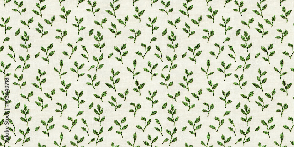 seamless minimalistic embroidery pattern of small leaves, on a plain ivory fabric seamless minimalistic embroidery pattern of small leaves, on a plain ivory fabric
