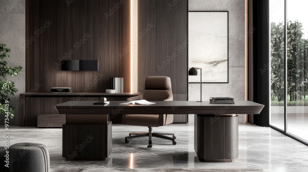 A modern home office featuring a sleek desk and ergonomic chair A modern home office featuring a sleek desk and ergonomic chair