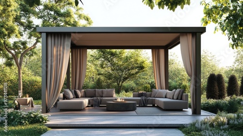 A modern gazebo featuring comfortable seating and draping fabric for shade