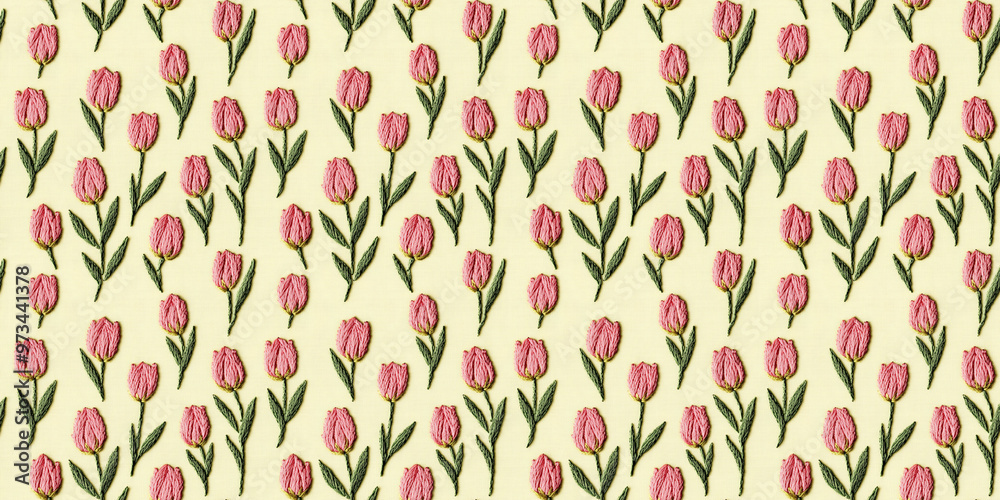 seamless minimalistic embroidery pattern of small soft pink tulips, on a plain light yellow fabric seamless minimalistic embroidery pattern of small soft pink tulips, on a plain light yellow fabric