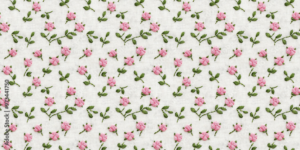 seamless minimalistic embroidery pattern of small pink rose motifs, on a plain white linen seamless minimalistic embroidery pattern of small pink rose motifs, on a plain white linen