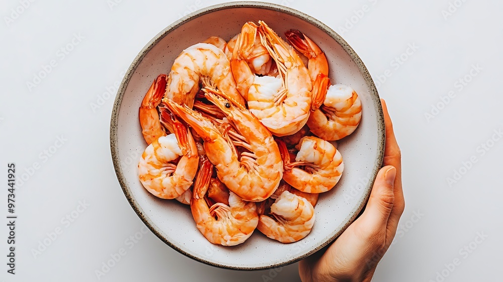 Overhead view of cooked shrimp in a bowl held by hands on a white background Overhead view of cooked shrimp in a bowl held by hands on a white background