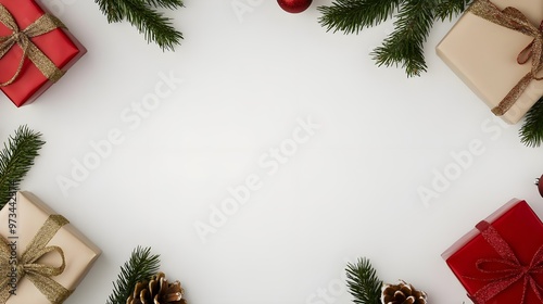 Christmas Gift Boxes, Pine Branches, White Background