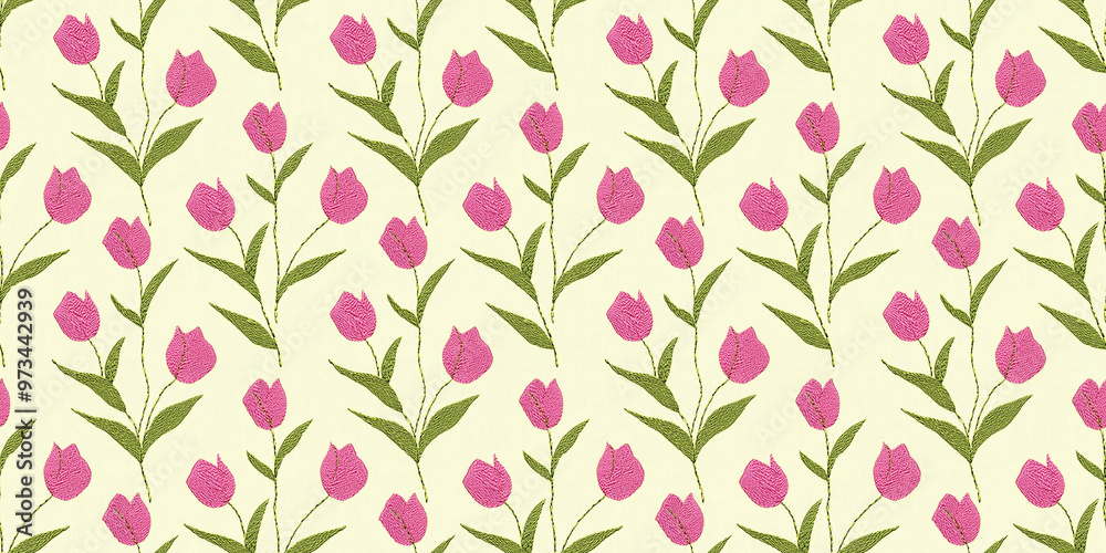 seamless minimalistic embroidery pattern of soft pink tulips, on a plain light yellow fabric seamless minimalistic embroidery pattern of soft pink tulips, on a plain light yellow fabric
