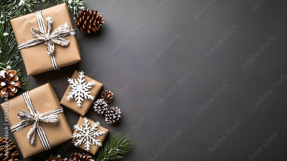Fototapeta premium Christmas Gift Boxes with Pine Branches & Snowflakes