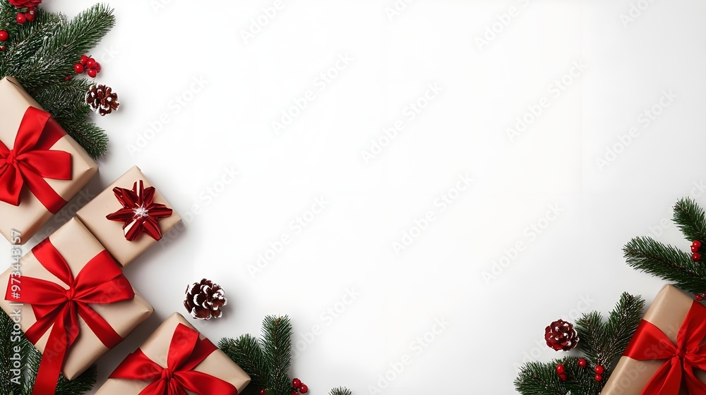 Christmas Gift Boxes with Pine Branches on White Background Christmas Gift Boxes with Pine Branches on White Background