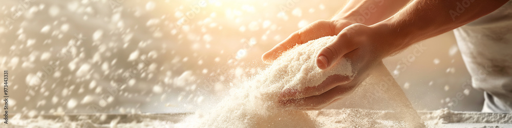 Fototapeta premium Hands sifting fine flour in warm, glowing light, symbolizing baking, craftsmanship, and the art of preparing fresh, homemade goods.