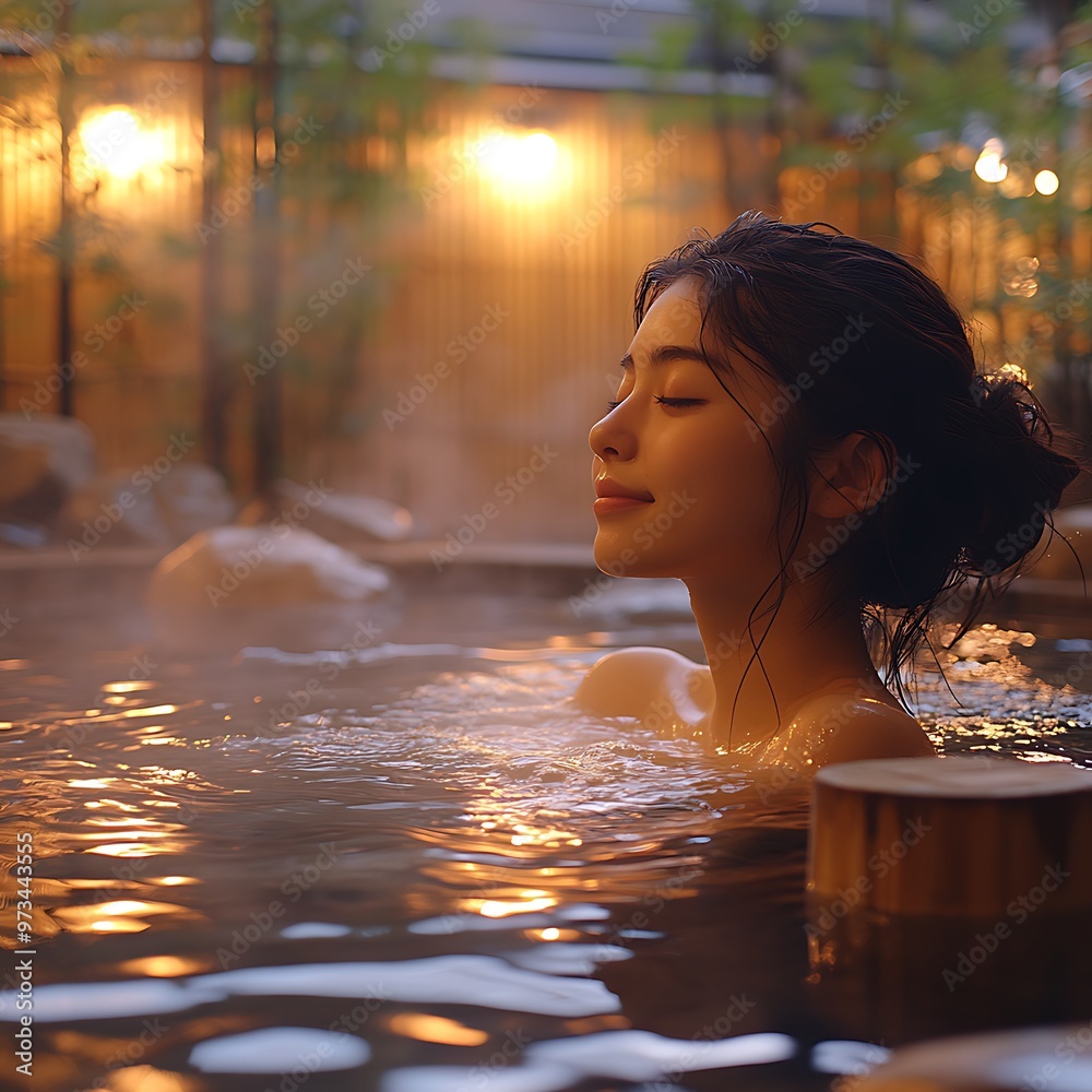 Relaxing Woman in an Outdoor Hot Spring Bath Relaxing Woman in an Outdoor Hot Spring Bath