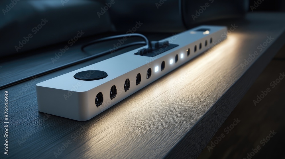 A modern power strip with a minimalist design, providing multiple outlets for charging devices A modern power strip with a minimalist design, providing multiple outlets for charging devices