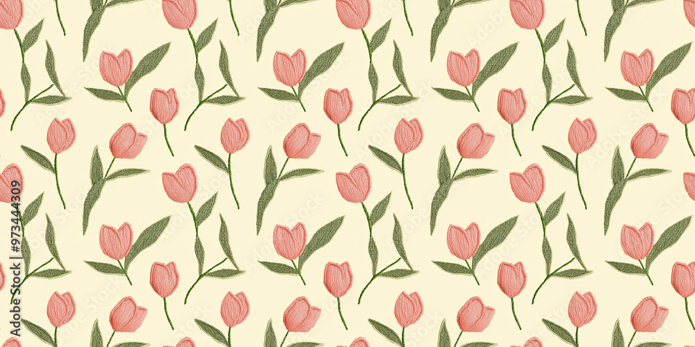 seamless minimalistic embroidery pattern of soft pink tulips, each with three pink petals and a few leaves, on a plain light yellow fabric seamless minimalistic embroidery pattern of soft pink tulips, each with three pink petals and a few leaves, on a plain light yellow fabric