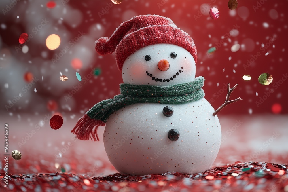 A traditional real snowman with a green scarf and a red hat on a red solid color background with flying red gold and green metallic confetti A traditional real snowman with a green scarf and a red hat on a red solid color background with flying red gold and green metallic confetti