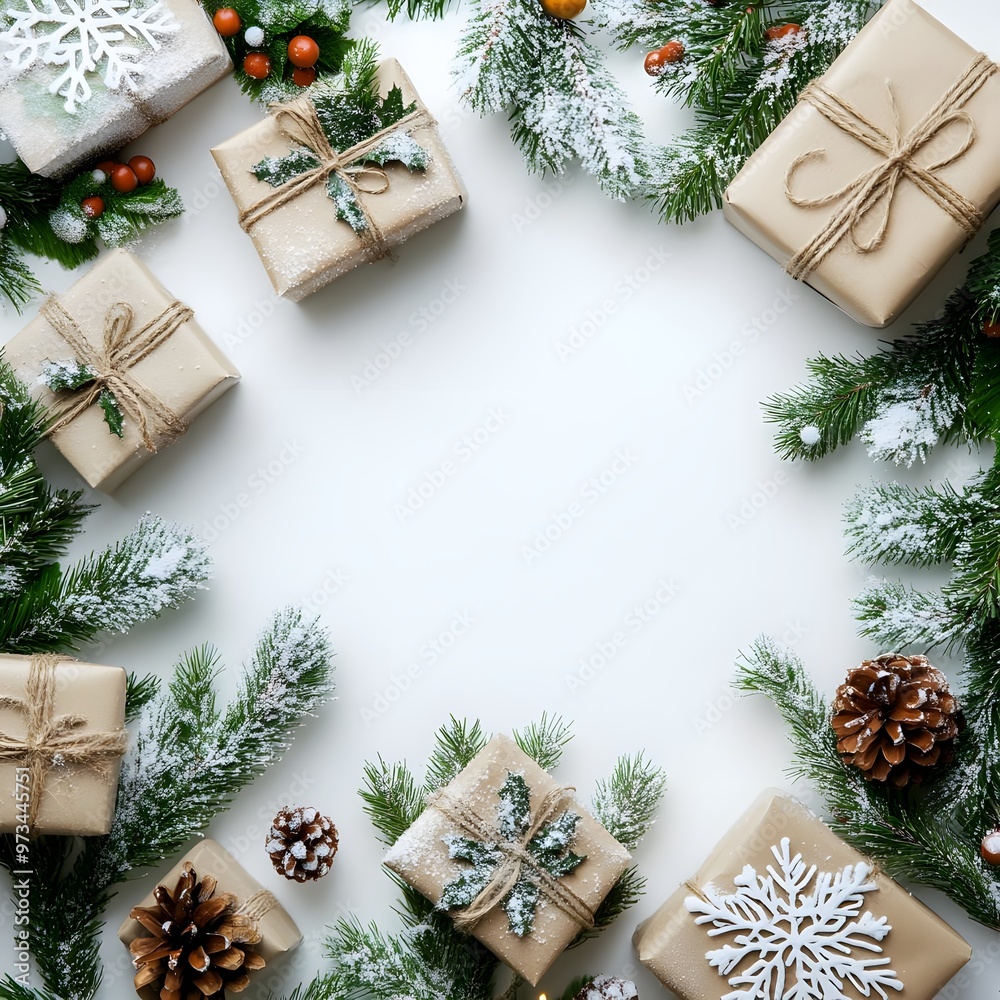 Christmas Presents with Pine Branches and Snow