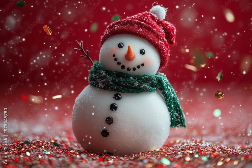 Fototapeta premium A traditional real snowman with a green scarf and a red hat on a red solid color background with flying red gold and green metallic confetti 