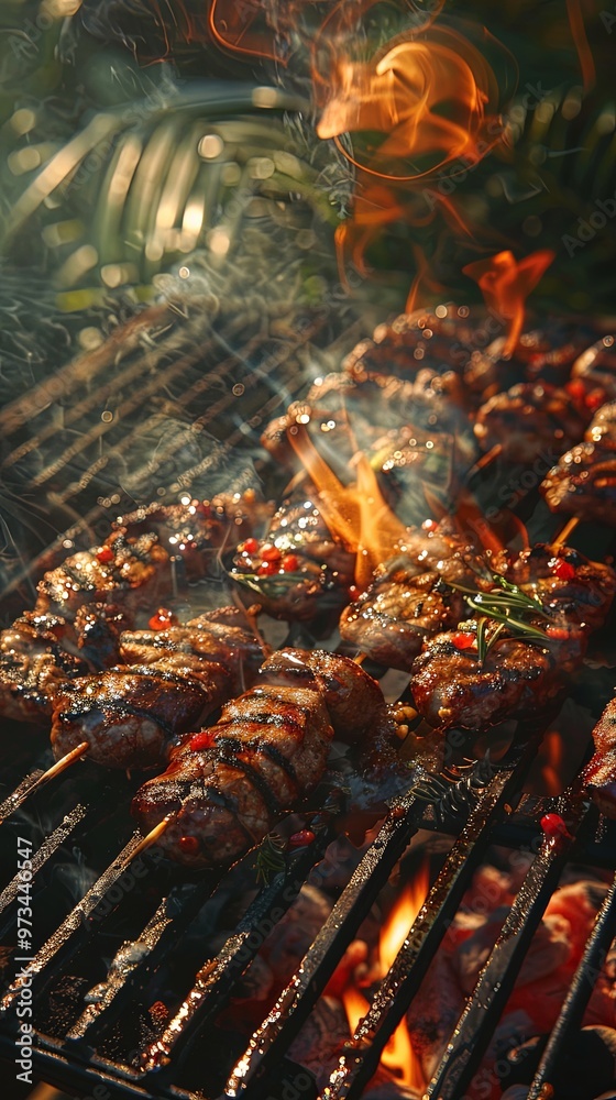 An engaging barbecue scene with skewered meats being grilled amidst vibrant flames and smoke, creating a tantalizing, mouth-watering visual feast perfect for outdoor feasts. An engaging barbecue scene with skewered meats being grilled amidst vibrant flames and smoke, creating a tantalizing, mouth-watering visual feast perfect for outdoor feasts.