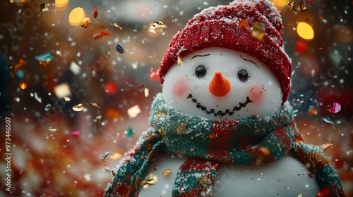 A traditional real snowman with a green scarf and a red hat on a red solid color background with flying red gold and green metallic confetti  photo