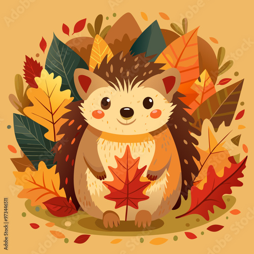 Hedgehog on a background of leaves, autumn illustration