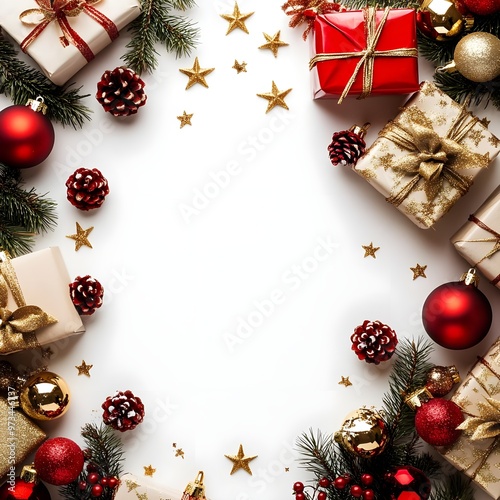 Festive Christmas Border with Gifts, Baubles, and Stars