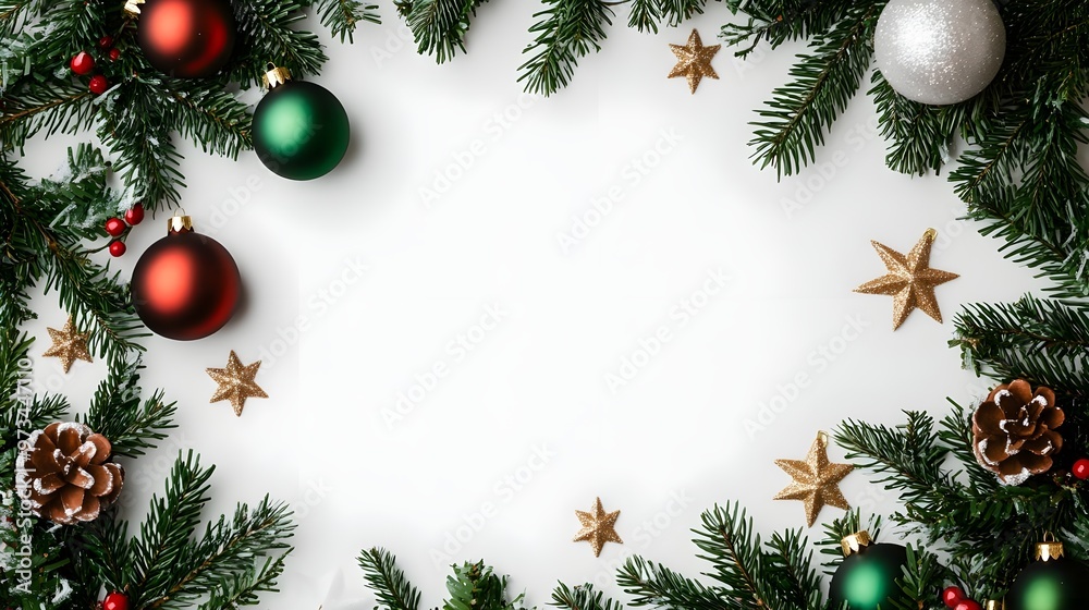 Festive Christmas Frame with Ornaments and Stars Festive Christmas Frame with Ornaments and Stars
