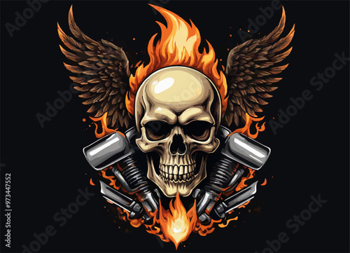 Biker vector t-shirt design with human skull, wings
and fire on black background. Fashionable print for fabric, paper, men clothing,
hoodie, biker jacket. T shirt template with flame.