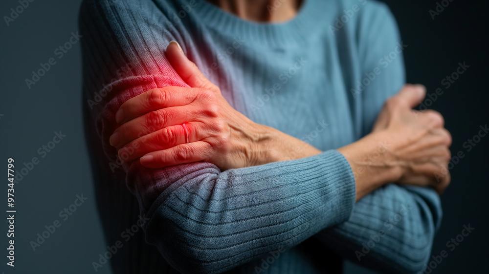Woman clutching her arm with a highlighted area indicating pain or discomfort, suggesting joint pain, injury, or a medical condition affecting the shoulder or arm. Woman clutching her arm with a highlighted area indicating pain or discomfort, suggesting joint pain, injury, or a medical condition affecting the shoulder or arm.
