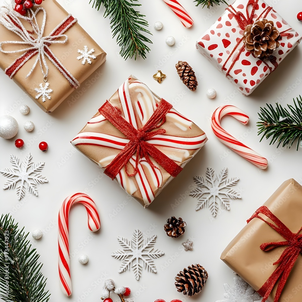 Obraz premium Festive Christmas Gift Wrapping Flat Lay with Candy Canes