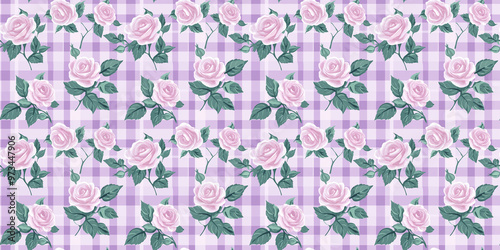 fun-loving, seamless pattern of pale pink roses with mint green leaves on a lavender checkered background