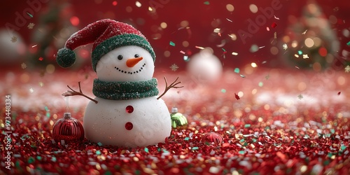 A traditional real snowman with a green scarf and a red hat on a red solid color background with flying red gold and green metallic confetti  photo