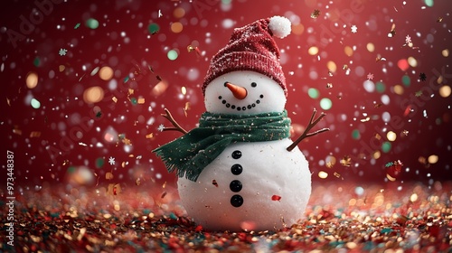 A traditional real snowman with a green scarf and a red hat on a red solid color background with flying red gold and green metallic confetti 