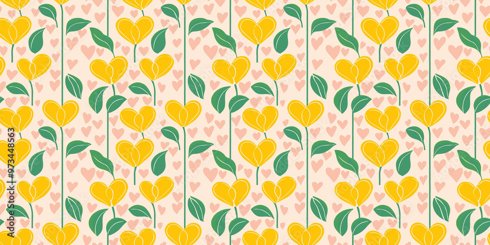 fun-loving, seamless pattern of bright yellow calalilies with mint green leaves on a blush pink heart-patterned background fun-loving, seamless pattern of bright yellow calalilies with mint green leaves on a blush pink heart-patterned background