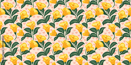 fun-loving, seamless pattern of bright yellow calalilies with mint green leaves on a blush pink heart-patterned background photo